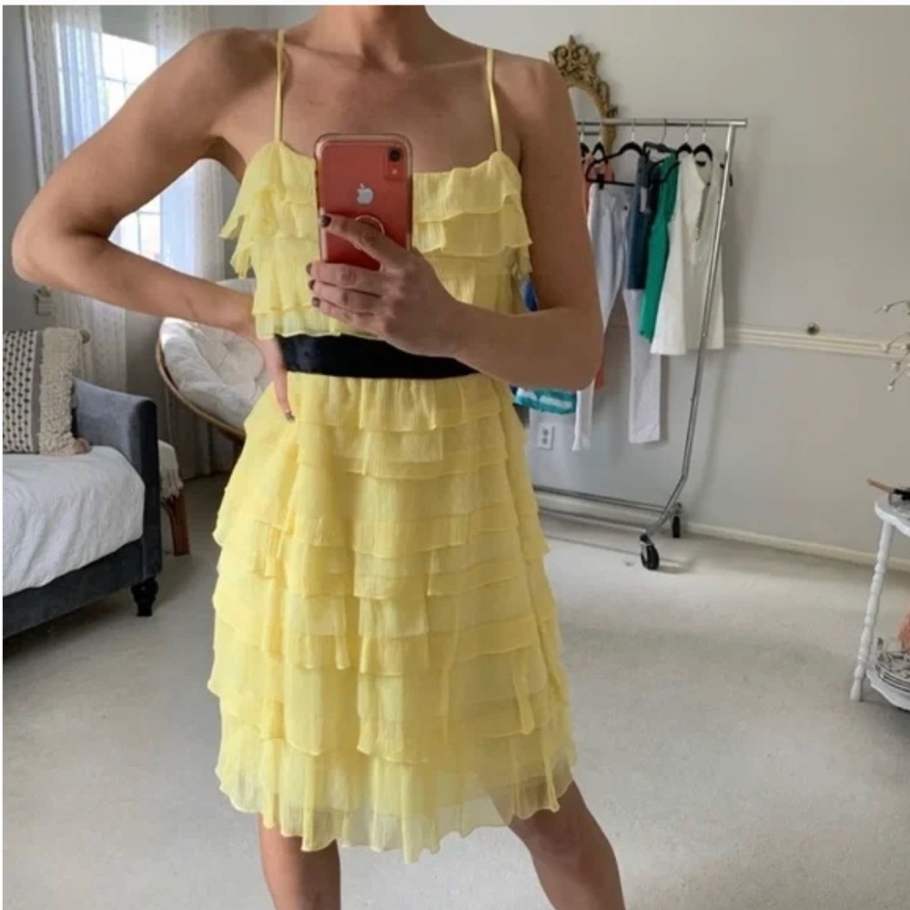 BCBGMaxazria Pastel Yellow Tiered Chiffon Dress with Black Sash